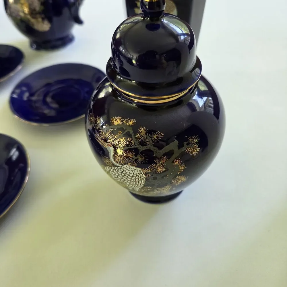 Vintage Hand Spray KT in Glaze Cobalt Blue Japanese 17 Pc. Tea Set 1960’s